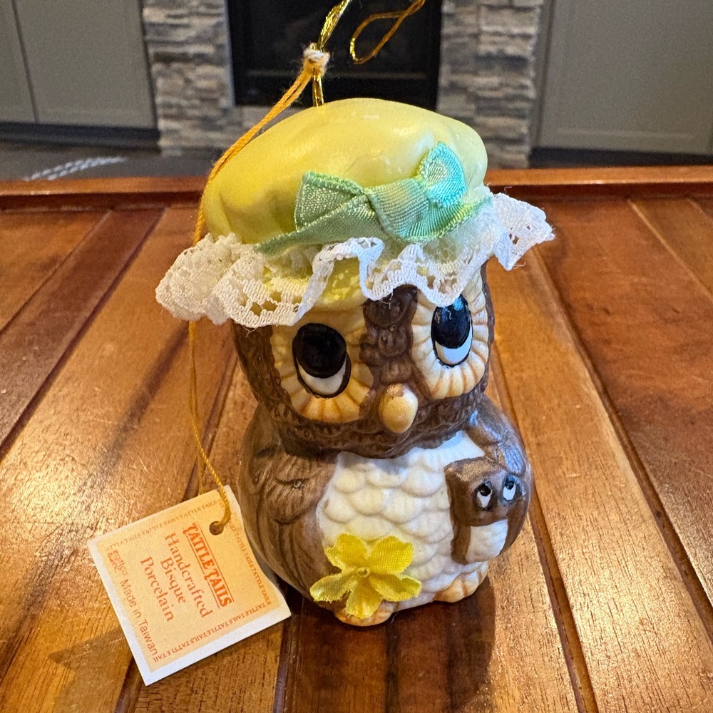 Charming Owl Bell Figurine with Yellow Hat. With Tag